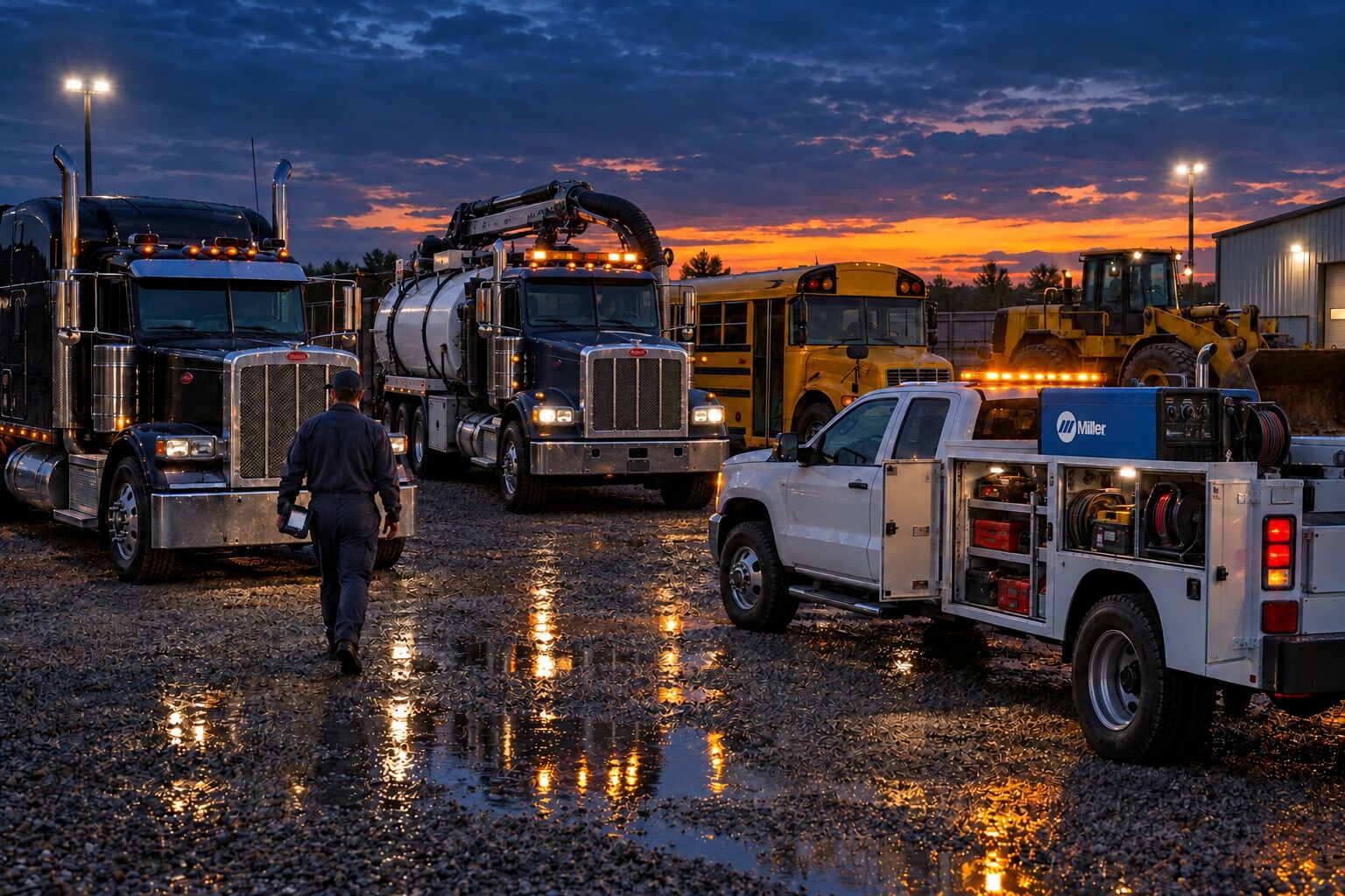 LKA white service pickup with a blue Miller welder in a fleet yard at dusk beside a Peterbilt 379, vacuum truck, school bus and wheel loader